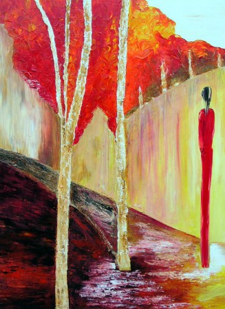 Femme en réflexion devant un paysage boisée.